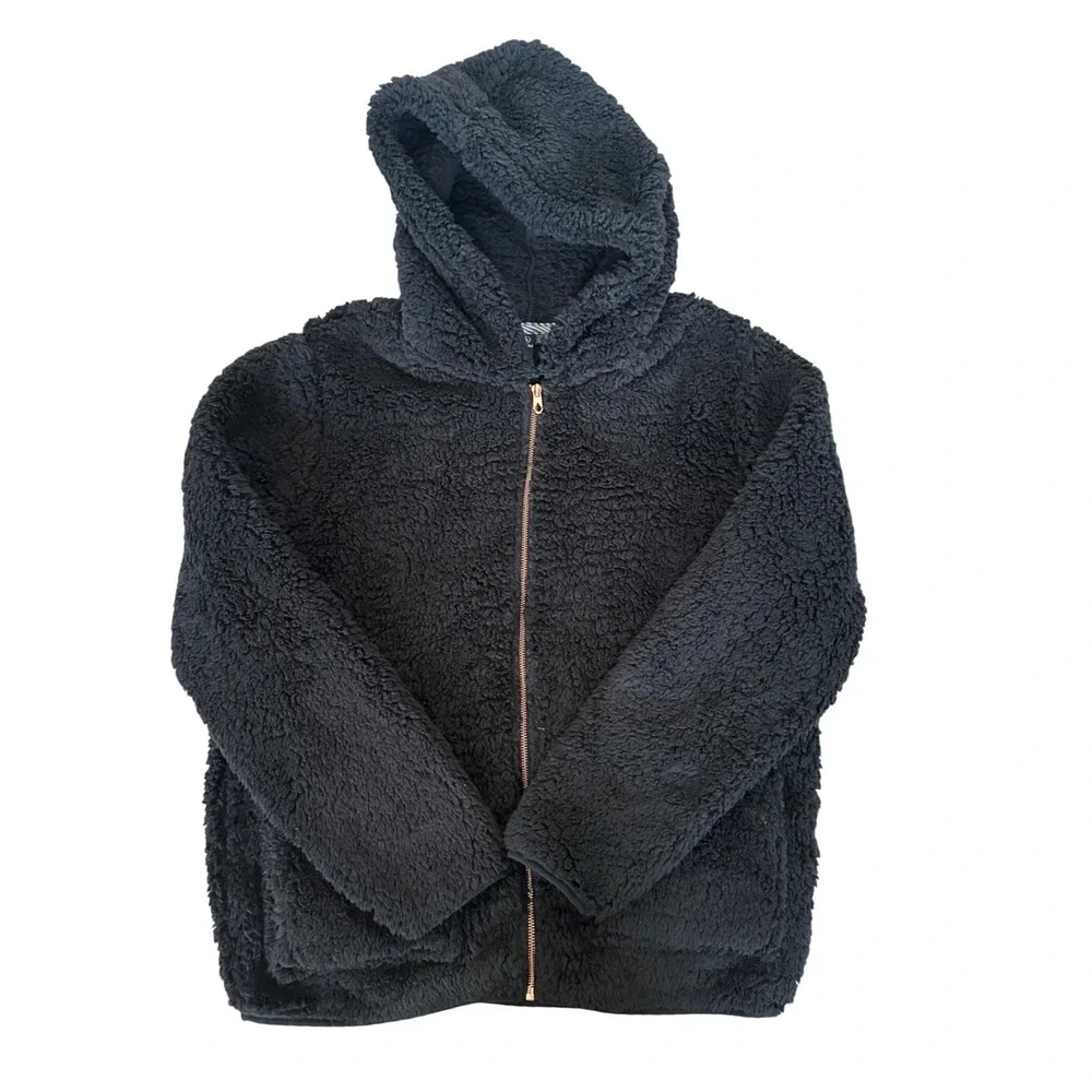 Volcom Womens Sherpa Fleece Hoodie Black Full Zip Fuzzy Teddy Jacket Medium‎
